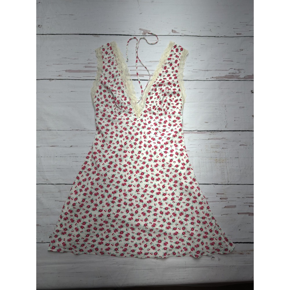 Victoria + Sophia Red Floral Lace Trim Halter Mini Dress‎ CD-12069 Small